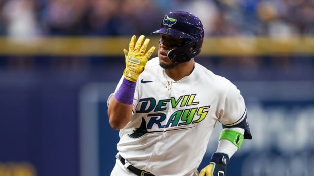 Jun 9, 2023; St. Petersburg, Florida, USA; Tampa Bay Rays third baseman Isaac Paredes (17) runs the bases after hitting a hits a three-run home run against the Texas Rangers in the third inning at Tropicana Field. Mandatory Credit: Nathan Ray Seebeck-USA TODAY Sports